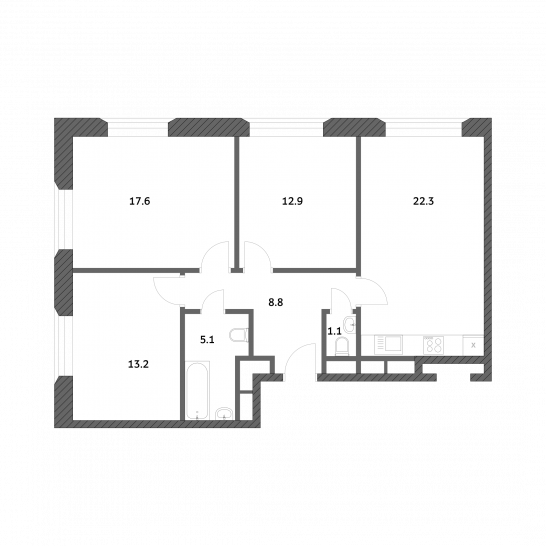 Трёхкомнатная квартира 81.03 м²