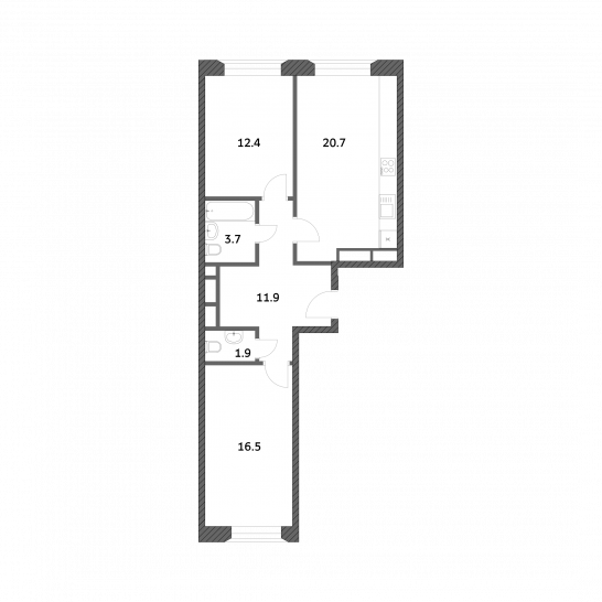 Двухкомнатная квартира 67.13 м²