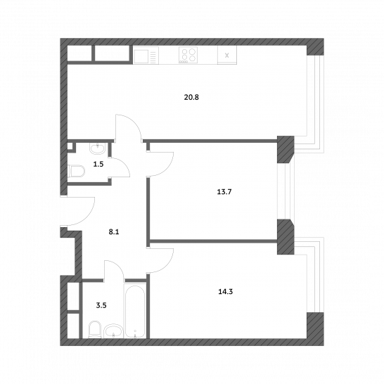 Двухкомнатная квартира 61.94 м²