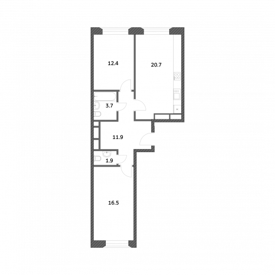 Двухкомнатная квартира 67.13 м²