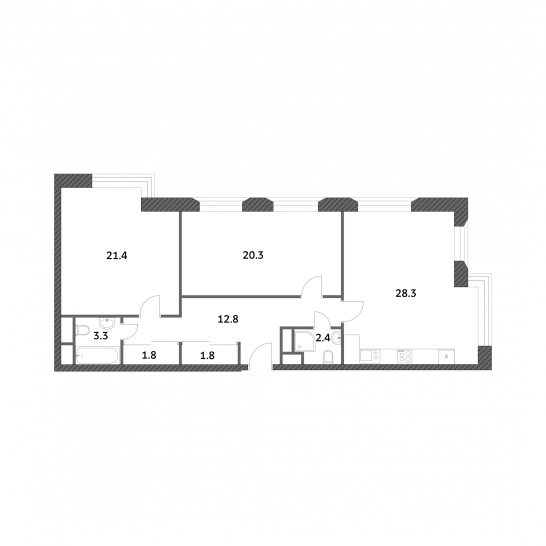Двухкомнатная квартира 91.98 м²