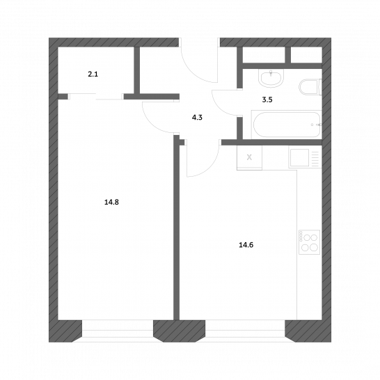 Однокомнатная квартира 39.32 м²