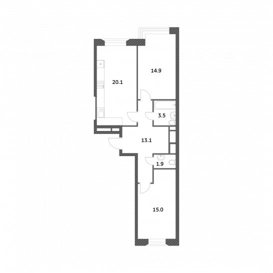 Двухкомнатная квартира 68.47 м²