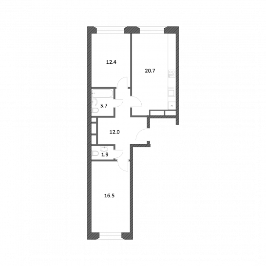 Двухкомнатная квартира 67.12 м²