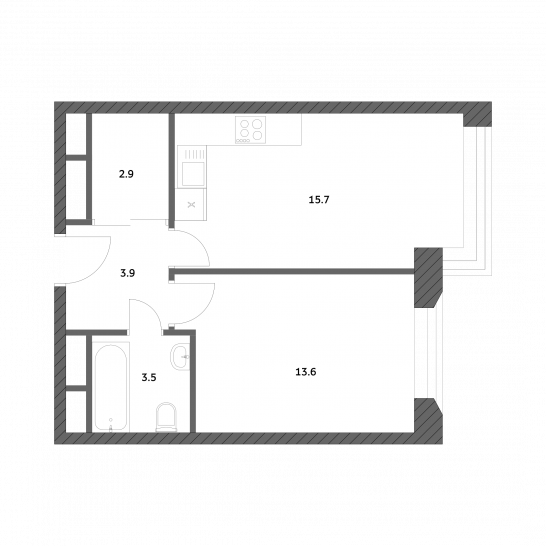 Однокомнатная квартира 39.6 м²