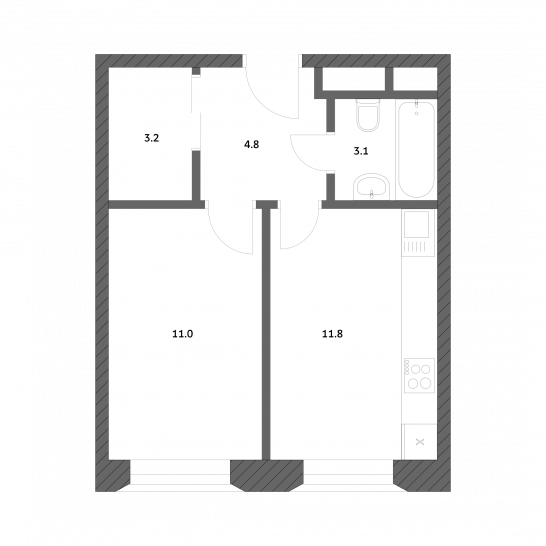 Однокомнатная квартира 33.89 м²