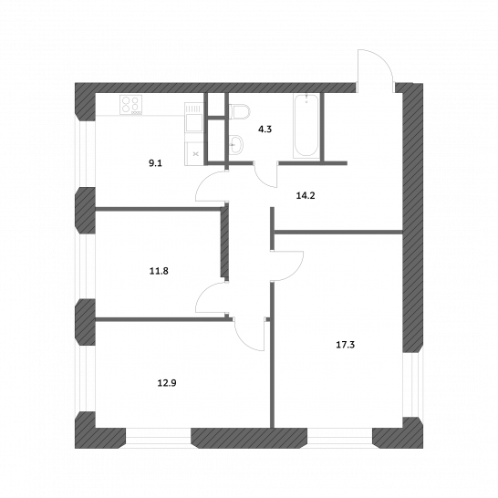 Трёхкомнатная квартира 69.54 м²