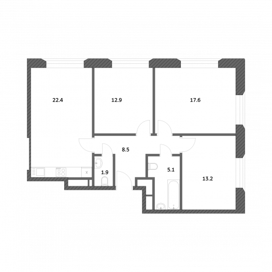 Трёхкомнатная квартира 81.55 м²