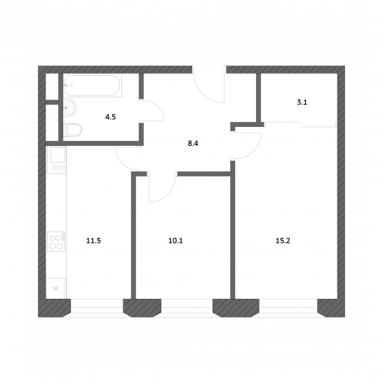 Двухкомнатная квартира 52.86 м²