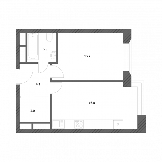 Однокомнатная квартира 40.17 м²