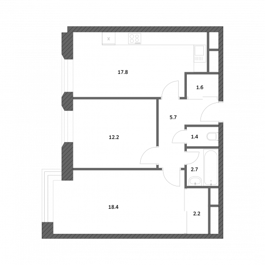 Двухкомнатная квартира 61.85 м²