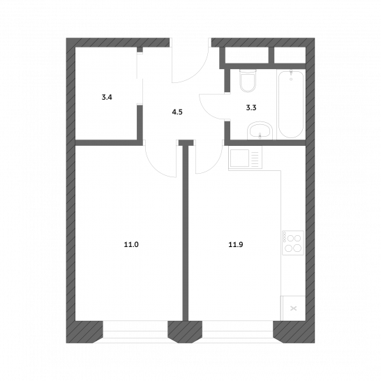 Однокомнатная квартира 34 м²