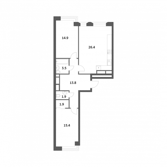 Двухкомнатная квартира 77.7 м²