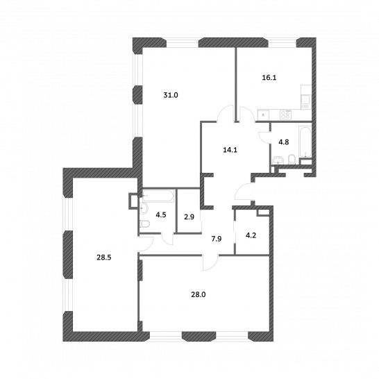 Трёхкомнатная квартира 141.16 м²